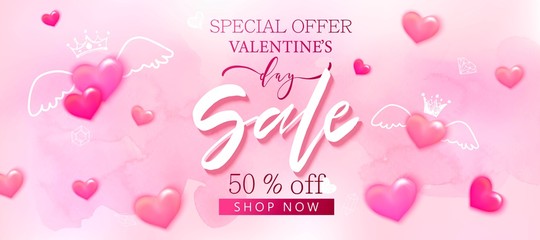 Valentine's day sale background with pink hearts, roses, cherry blossoms. Discount, shop promotion template.