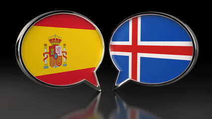 Spain and Iceland flags with Speech Bubbles. 3D illustration