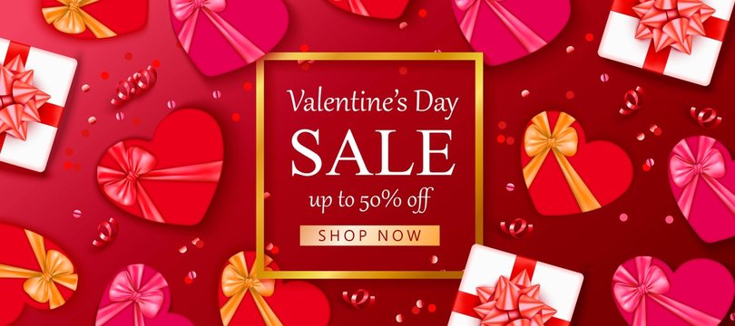 Valentine's day sale background with red hearts, gift box. Romantic design for flyer, card, invitation, poster, banner.