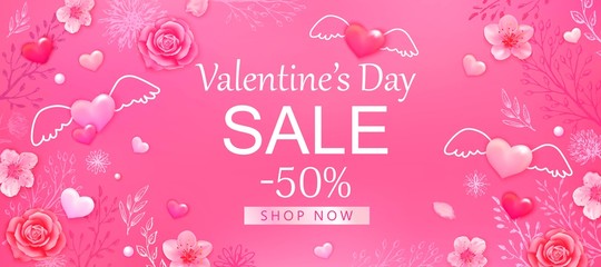 Valentine's day sale background with pink hearts, roses, cherry blossoms. Design for flyer, card, invitation, banner.