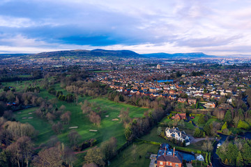 Fototapeta na wymiar aerial view of Autumn countryside to the city during sunset time, Northern Ireland