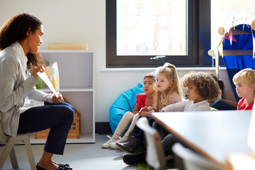 Side view of a female kindergarten teacher sitting on a chair showing a book to children in a...