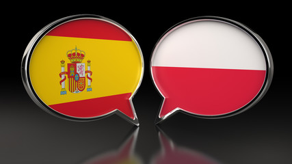 Spain and Poland flags with Speech Bubbles. 3D illustration