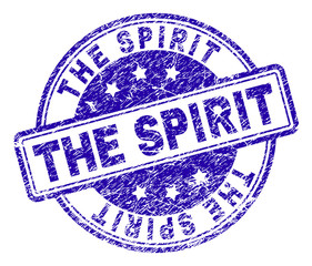 THE SPIRIT stamp seal watermark with distress texture. Designed with rounded rectangles and circles. Blue vector rubber print of THE SPIRIT title with dust texture.