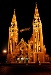 Detail from the Cathedral of Szeged at night, Hungary