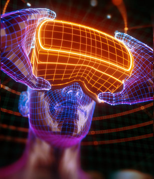 3D render, visualization of a man holding virtual reality glasses, electronic device, head surrounded by virtual data with neon grid. User interface. Player one ready for the game. Virtual experience.