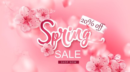 Obraz na płótnie Canvas Spring sale vector illustration with cherry blossom flowers, flying petals. Pink sakura.