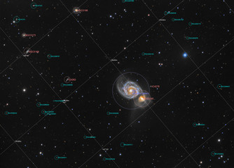 Galaxy M51 (Messier 51) in constellation Canes Venatici, picture with annotation