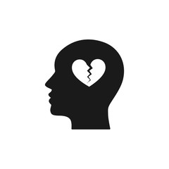 Black isolated icon of head of man and broken heart on white background. Silhouette of head of man. Symbol of divorce, separation. Flat design.