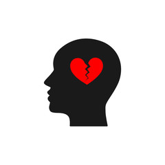 Black isolated icon of head of man and red broken heart on white background. Silhouette of head of man. Symbol of divorce, separation. Flat design.