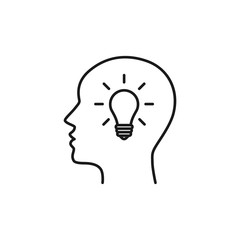 Black isolated outline icon of head of man and light bulb on white background. Line icon of head of man and light bulb. Symbol of idea. Flat design.