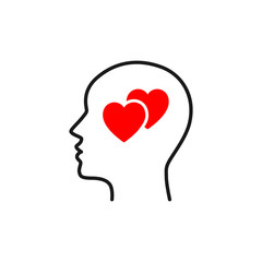 Black isolated outline icon of head of man and two red hearts on white background. Line icon of head of man and hearts. Love think. Flat design.