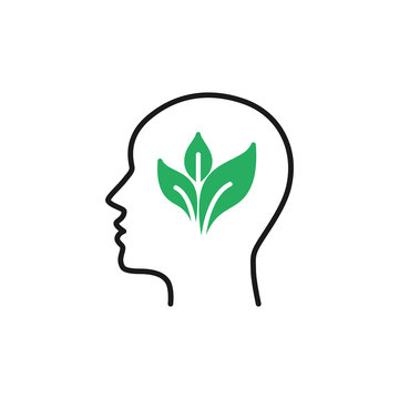 Black isolated outline icon of head of man and green leaf on white background. Line icon of head of man. Eco think. Think green. Flat design.