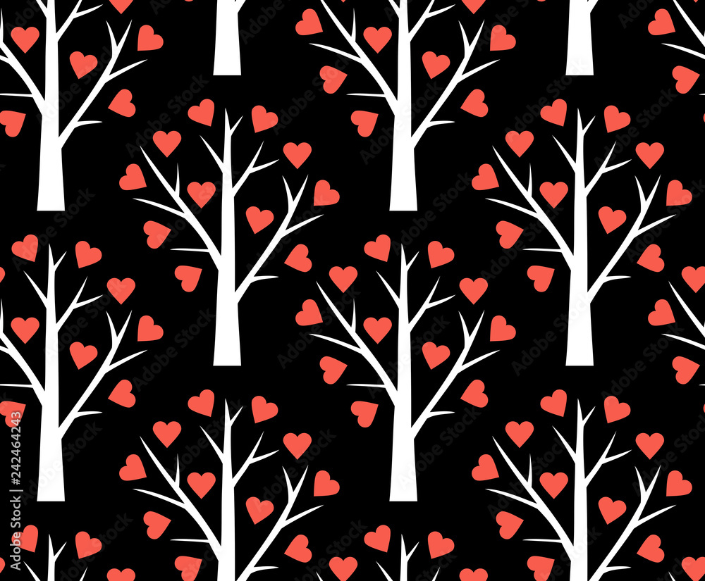 Poster seamless pattern with abstract heart tree. valentine tree with hearts. isolated on black backgrounds