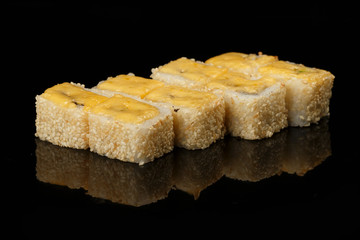 various sushi, rolls on a black background with reflection. especially for cafes and restaurants