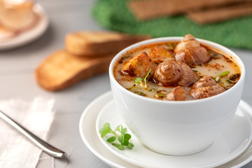 Soup with snails in a white plate.