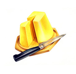 cheese cut with a knife on a wooden board isolated on white background