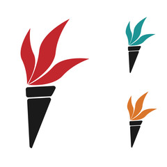 Set of flaming torches isolated on white background.