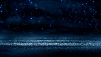 The background of wet asphalt, the reflection of the night lights of the city, neon light, smoke. Abstract empty dark blue scene © MiaStendal