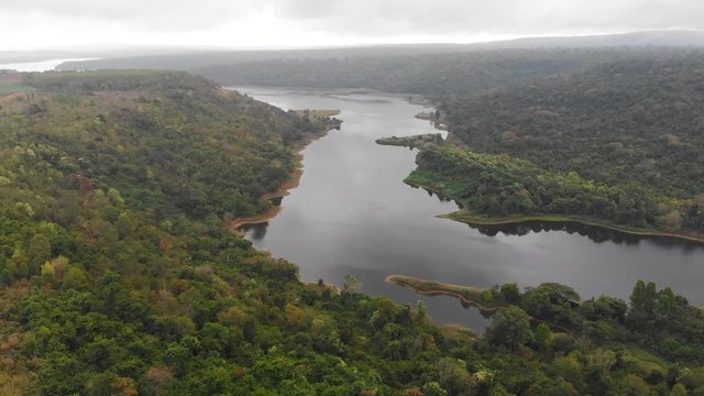 4K Drone shot aerial view scenic landscape of river at countryside nature mountain and forest