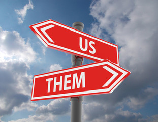 us and them road signs pointing in different directions
