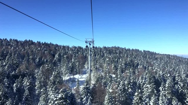 The longest cable car trip in a cold sunny winter day. Uludag Bursa Turkey