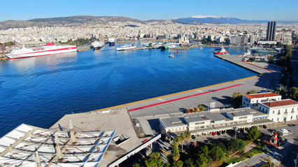 Aerial drone photo of crowded port of Piraeus, one of the most large in Europe, where boats and...
