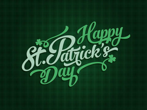 Saint Patrick's day calligraphic text label design elements on celtic green pattern