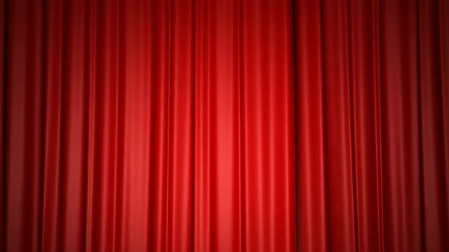 Closing and opening shiny red silk curtains on stage. 3D animation with chroma key.