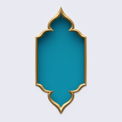 3d render, blue gold arabic frame, ornate shape, tribal decor, festive greeting card template, arabesque design, empty banner, isolated on white background