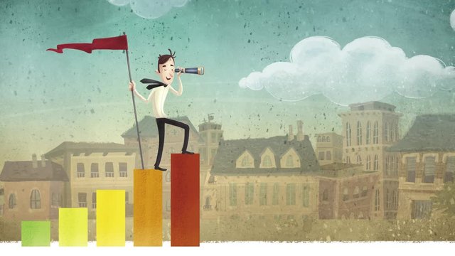 Hombre con visi&oacute;n de negocio sobre gr&aacute;ficas con una bandera