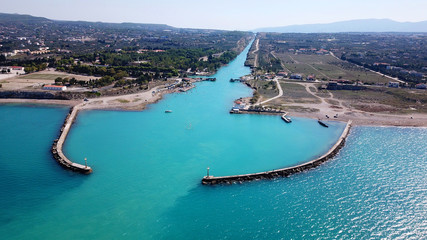 Aerial bird's eye view photo taken by drone of Corinth Canal entrance of Isthmos or Isthmus, Peloponnese, Greece