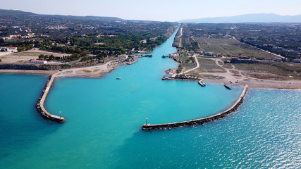 Aerial bird's eye view photo taken by drone of Corinth Canal entrance of Isthmos or Isthmus,...