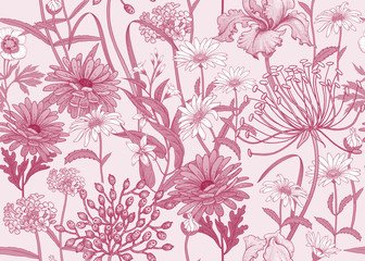 Seamless pattern with wild flowers. Red and white pattern.