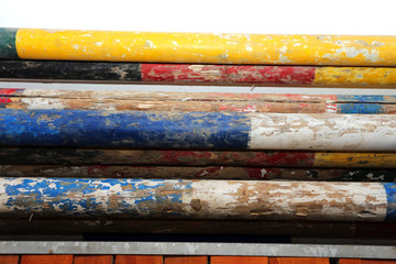 Colorful photo of equestrian obstacles. Empty field for horse jumping event competition