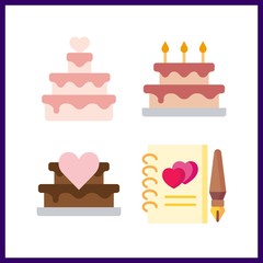 4 reception icon. Vector illustration reception set. wedding cake and guests book icons for reception works