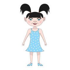 Funny girl in a blue dress. Isolated on white background. Perfect for decorating a greeting card or for use in animation.