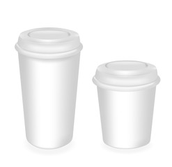two vector realistic cups with a lid. High and small. cap for drinks, desserts and yogurt. Vector illustration. mockup container. 3D. EPS10.