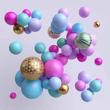 3d render, abstract colorful balls, blue violet pink gold pastel balloons, geometric background, multicolored primitive shapes, minimalistic design, party decoration, plastic toys, isolated elements