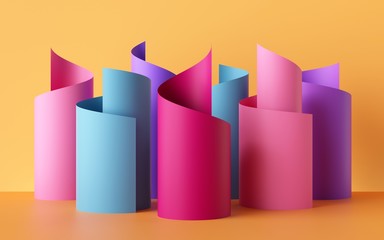 3d render, paper ribbon rolls, abstract shapes, colorful fashion background, pink blue yellow neon colors, swirl, scroll, curl, spiral, cylinder