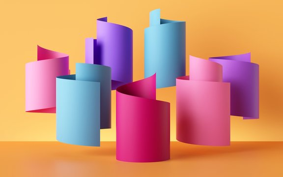 3d render, paper ribbon rolls, abstract shapes, colorful fashion background, pink blue yellow neon colors, swirl, scroll, curl, spiral, cylinder