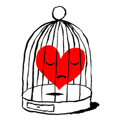 A red heart is sad in the cage for the bird isolated on white background. Greeting card for the holiday feast of Saint Valentine Day. Sketch drawing was drawn with the brush and ink.