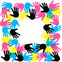 Vector friendship background, hand prints, cmyk, frame
