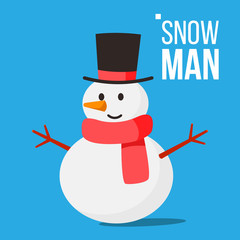Snow Man Vector. Winter Fun Activity. Classic Christmas Snowman With Piligrim Hat Isolated Flat Cartoon Illustration