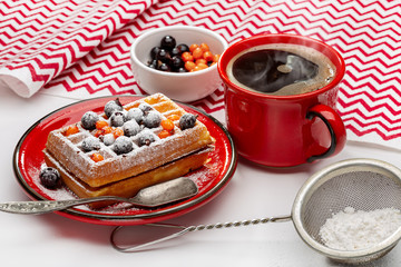 Viennese waffles sprinkled with powder and decorated with berries