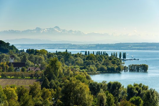 View of Lake Constance, in the back the Swiss Alps with Santis, Uhldingen-Muhlhofen, Baden-Wurttemberg, Germany, Europe