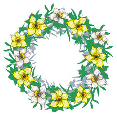 Spring floral round frame with hand drawn flowers daffodils