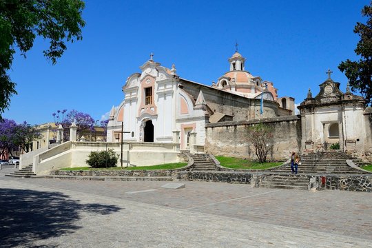 Main square with Jesuit Mission Church, Museo Estancia Jesuitica, Alta Gracia, Province of Cordoba, Argentina, South America
