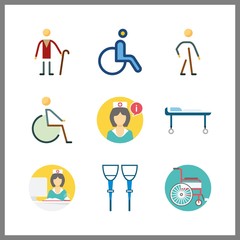 9 disabled icon. Vector illustration disabled set. elder and crutch icons for disabled works