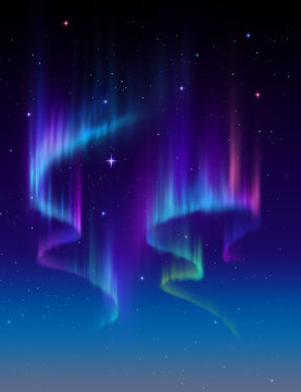 Aurora Borealis abstract background, northern lights in polar night sky illustration, natural phenomenon, space miracle, wonder, neon glowing lines, ultraviolet spectrum